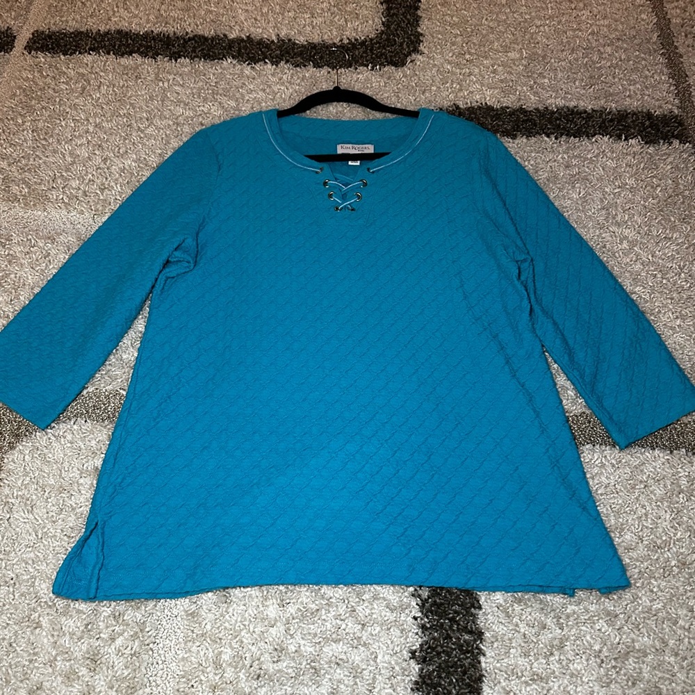 Teal PXL 3/4 Sleeve waffle texture shirt.